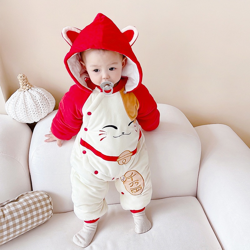 Bộ Áo Liền Quần Bằng Vải Cotton Dày In Mèo May Mắn Hoạt Hình Dành Cho Bé Trai Gái 0-24 Tháng