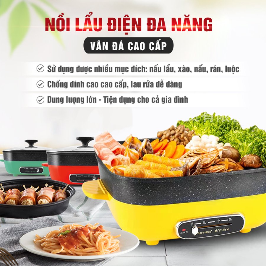 [Mã ELHADEV giảm 4% đơn 300K] Nồi lẩu điện vân đá chống dính cao cấp, bếp lẩu điện đa năng, chống dính, khay liền