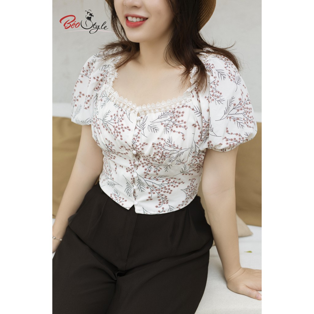 BIGSIZE nữ áo kiểu croptop bigsize hoa nhí AKBS016 Béo Style cho người béo mập 55-100kg - Mặc đi tiệc,đi chơi, công sở