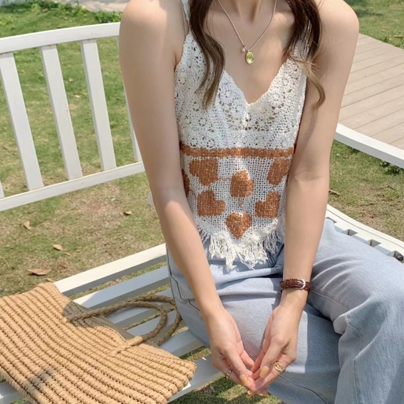Áo Croptop Dệt Kim Hai Dây Cổ Chữ V Phối Tua Rua Gợi Cảm Cho Nữ