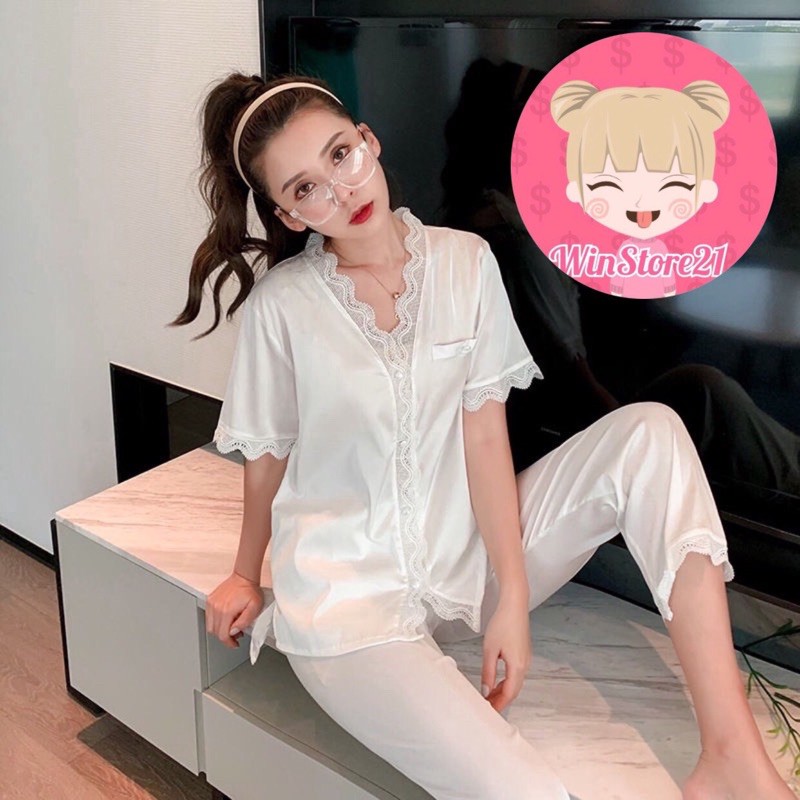 (FreeSize Lụa) Đồ Bộ Pijama Đồ Bộ Lụa Đồ Bộ Nữ Đồ Bộ mặc nhà tay ngắn quần dài ( Form 40kg đến 60kg )