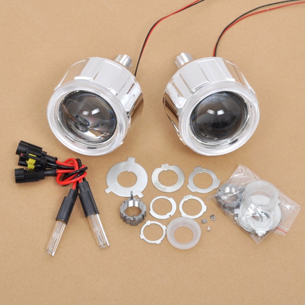 bộ 2 gương cầu 2.5 1 viền trắng tròn sáng 4300k / 6000k 12v 55W ( giá 1 bộ 2 ballast 2 đèn 1 dây pha cos )