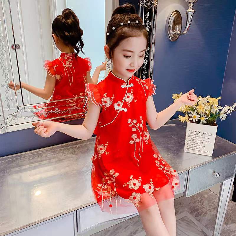 Đầm sườn xám in hoa kiểu Trung Hoa retro thời trang năm mới cho bé gái