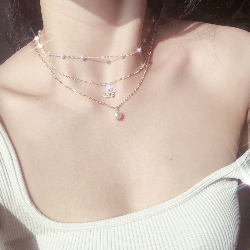 Dây chuyền nhiều lớp mặt hình bướm và ngọc trai giả thanh lịch cho nữ
