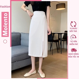 Chân Váy Midi Chữ A Dáng Dài Qua Gối Xẻ Tà Cạp Lưng Cao Công Sở Phong Cách Ulzzang Hàn Quốc Molento M13