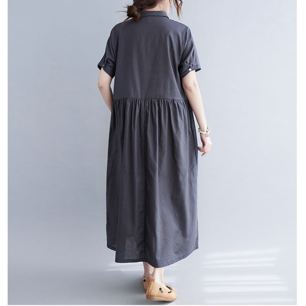 Đầm suông linen cổ sơ mi, Đầm maxi ngắn tay chất liệu linen mềm mát, thời trang phong cách trẻ D158