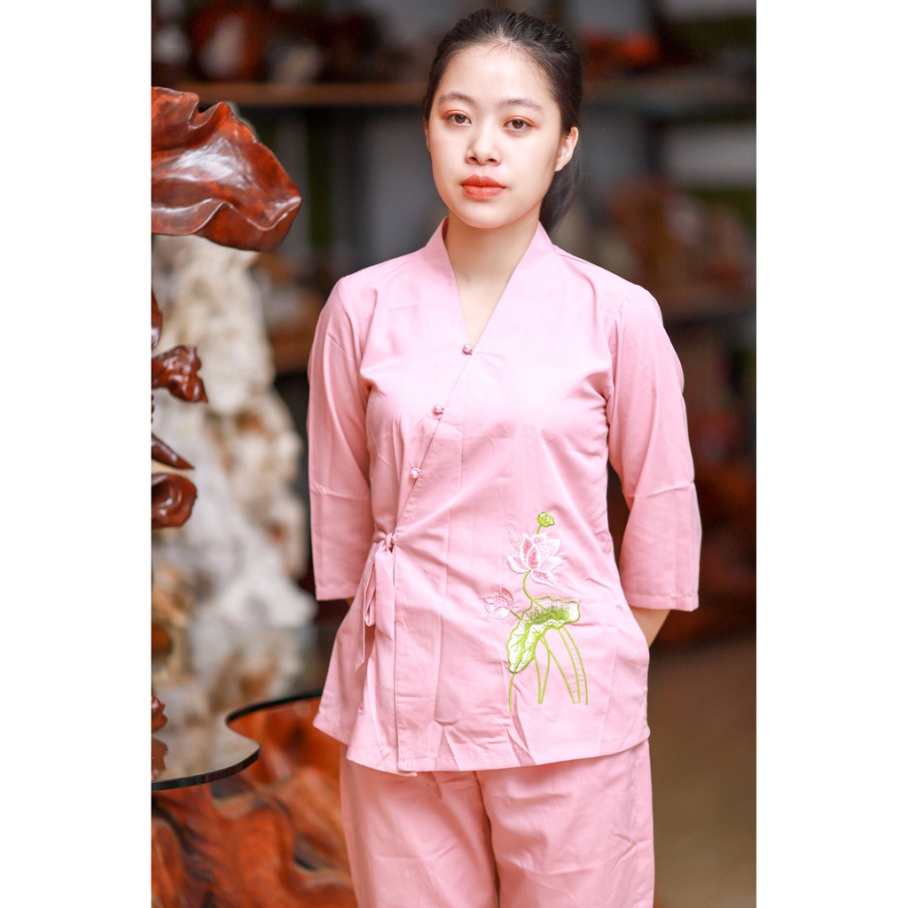 Đồ lam đi chùa Quần áo phật tử Bộ bà lai cổ tàu thêu sen