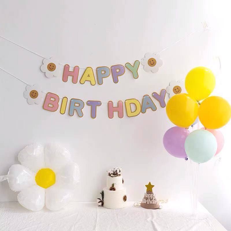 Dây chữ Happy Birthday hoa cúc pastel ép kim viền vàng,phụ kiện trang trí sinh nhật phong cách Hàn Quốc