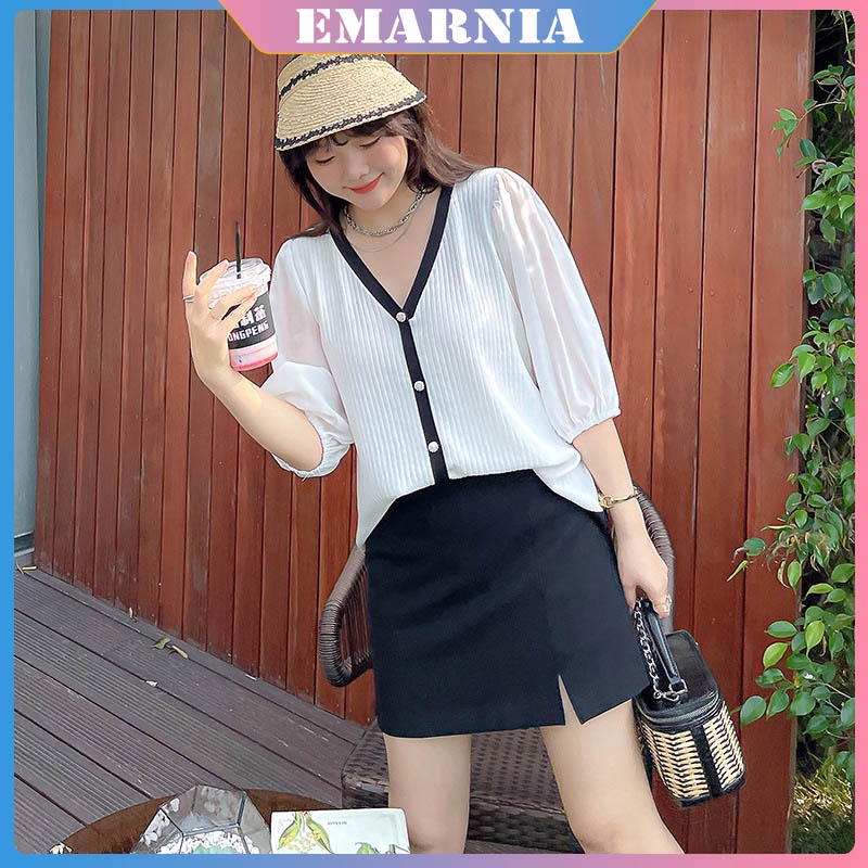 ❤️Emarnia Đào Béo Cô Gái Béo❤️Áo Thun Chiffon Mỏng Dáng Rộng Tay Phồng Màu Đen Tương Phản Kiểu Hàn Quốc Cho Nữ