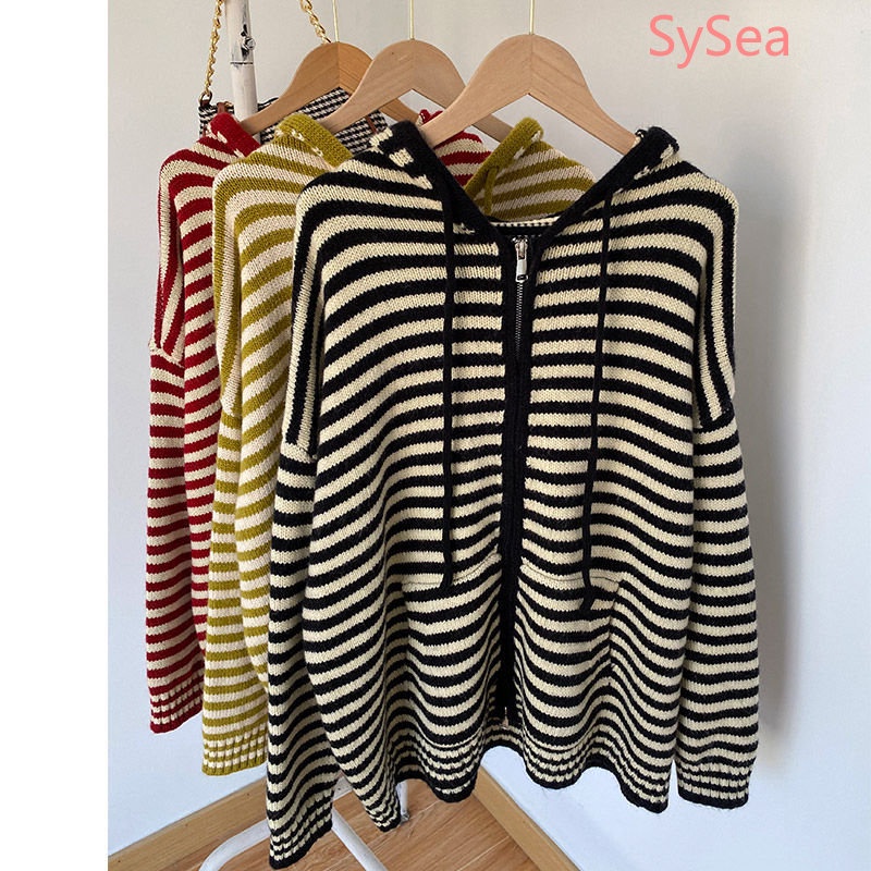 Áo Khoác Sweater Có Mũ Trùm Kẻ Sọc Kiểu Retro Thời Trang Thu Đông Cho Nữ