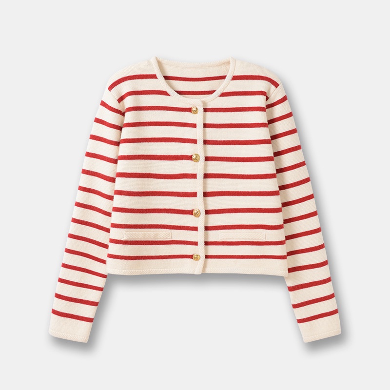 Đen Áo Khoác cardigan Dệt Kim Dáng Ngắn Cổ Tròn Kẻ Sọc Thời Trang Mùa Thu 2023