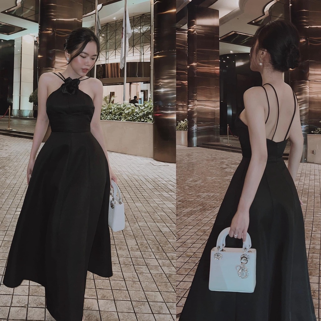 ĐẦM MAXI CỔ YẾM NƠ HỞ CHÉO DÂY LƯNG