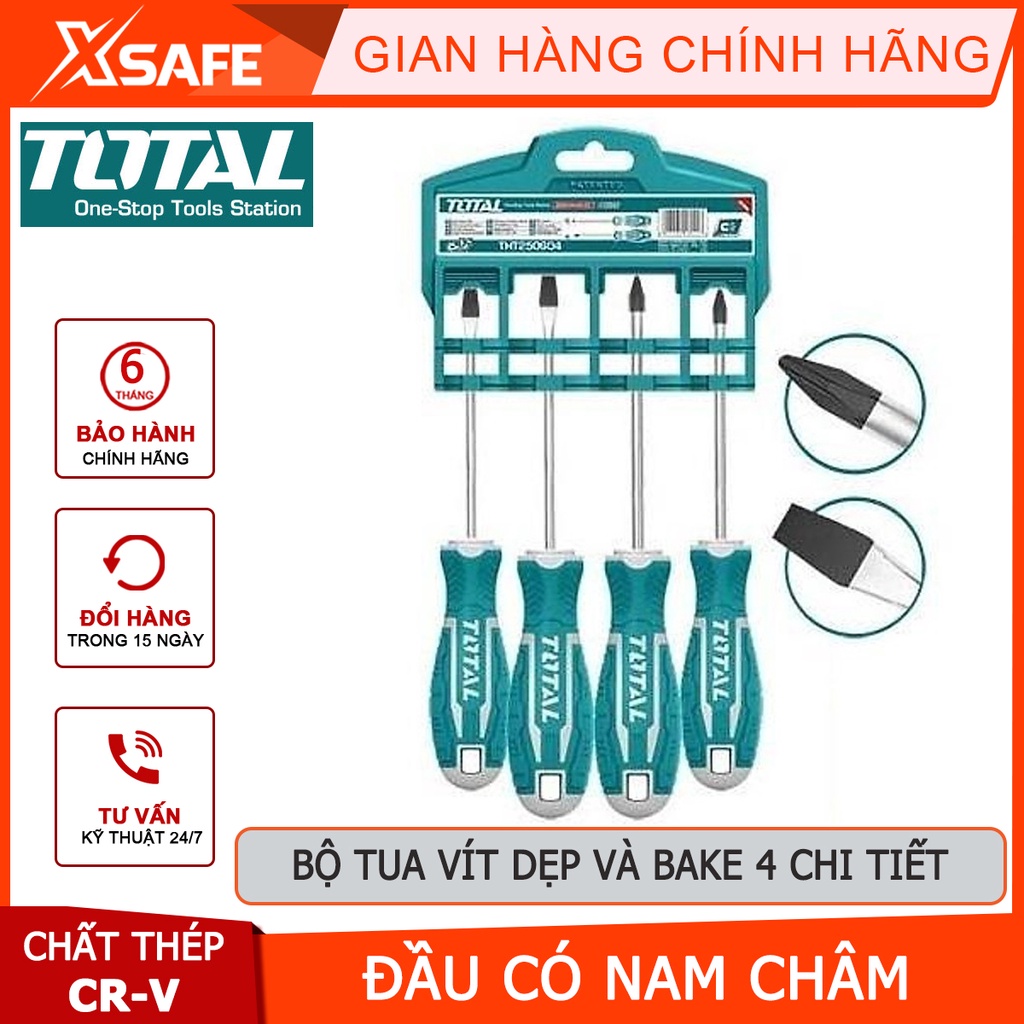 Bộ tuốc nơ vít dẹp và bake 4 chi tiết TOTAL THT250604 | Bộ 4 tua vít tua vít SL5.5X100mm, tua vít SL6.5X150mm