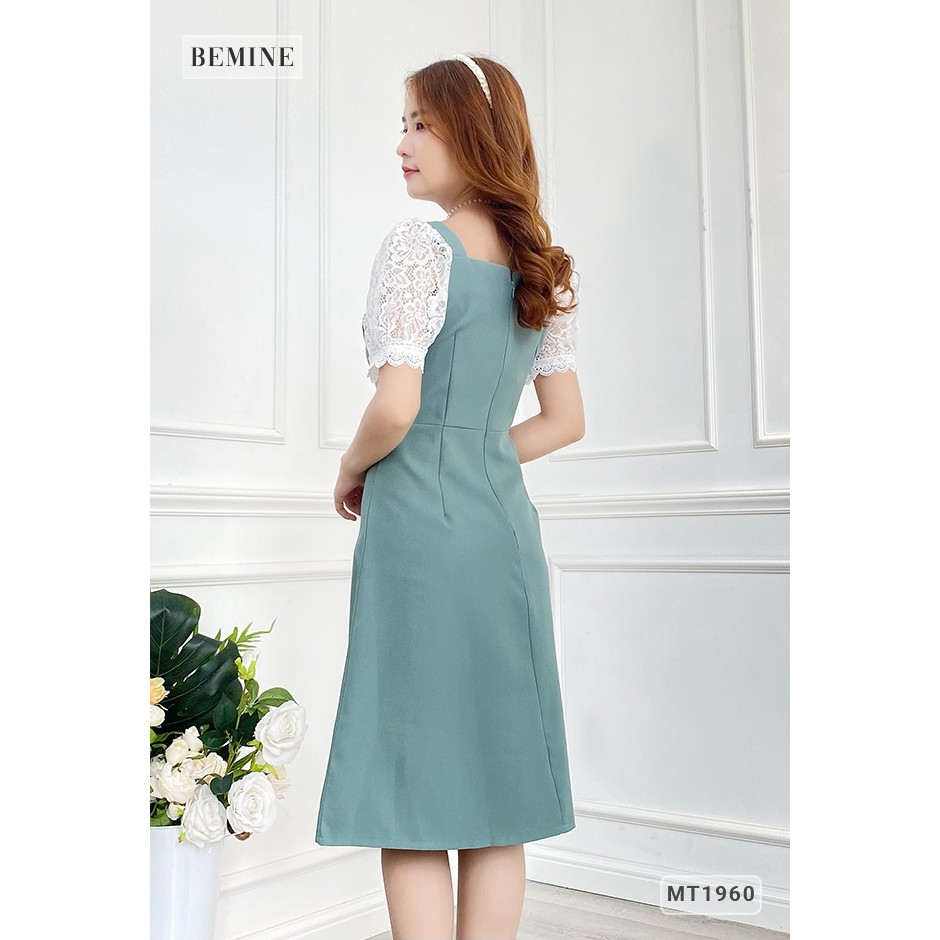 Đầm nữ cổ vuông tay phối ren hoa eo BEMINE MT1960XANH | BigBuy360 - bigbuy360.vn