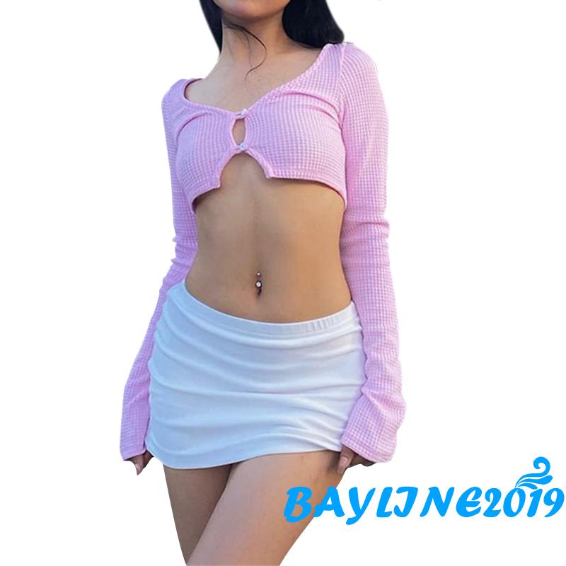 Áo Lửng Tay Dài Cổ Chữ V Màu Trơn Có Nút Cài Dành Cho Nữ