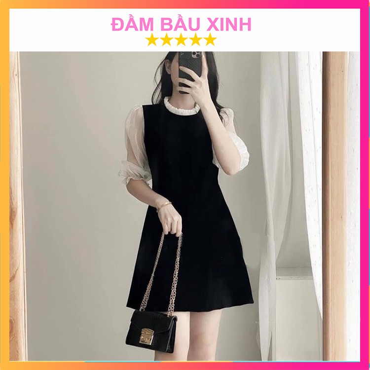 Đầm Dạo Phố Tay Lỡ Phối Voan Váy Dáng Dài Váy Basic Hàng VNXK