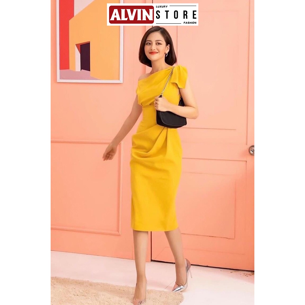 Đầm Ôm Body Lệch Vai Kèm Nơ Thiết Kế Xếp Ly Bụng Phong Cách Sang Trọng Alvin Store 0898