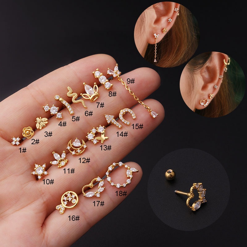 Khuyên Tai Đinh Tán Bằng Thép Không Gỉ Đính Đá Zircon 16g