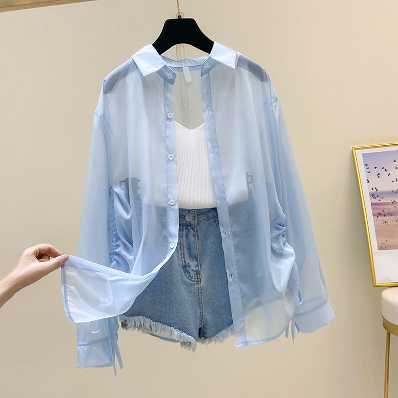 Jiashucheng Áo Sơ Mi Khoác Ngoài Tay Dài Chống Nắng Chất Liệu Chiffon Mỏng Nhẹ Đính Ngọc Trai Thời Trang Mùa Hè Cho Nữ