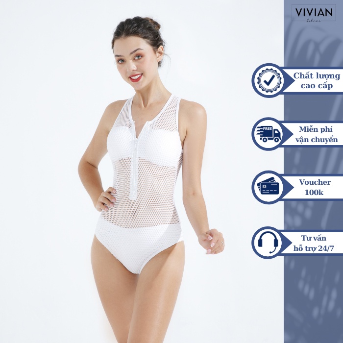 Đồ bơi nữ cao cấp 𝐕𝐈𝐕𝐈𝐀𝐍 dạng một mảnh áo ba lỗ phối lưới - Trắng - VS166_WH
