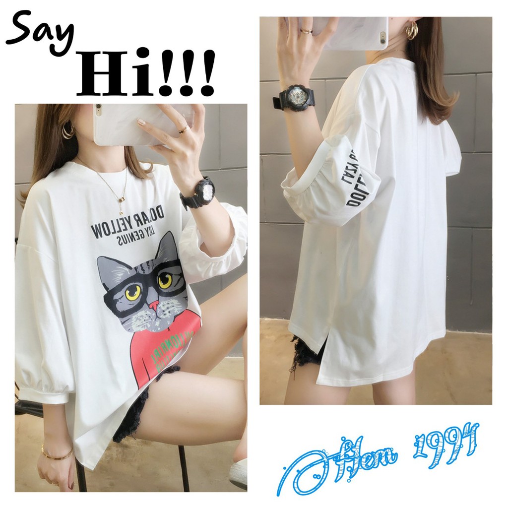 [ HOT ] ÁO THUN COTTON PHIÊN BẢN HÀN QUỐC IN HÌNH MÈO ĐÁNG YÊU - TRẮNG