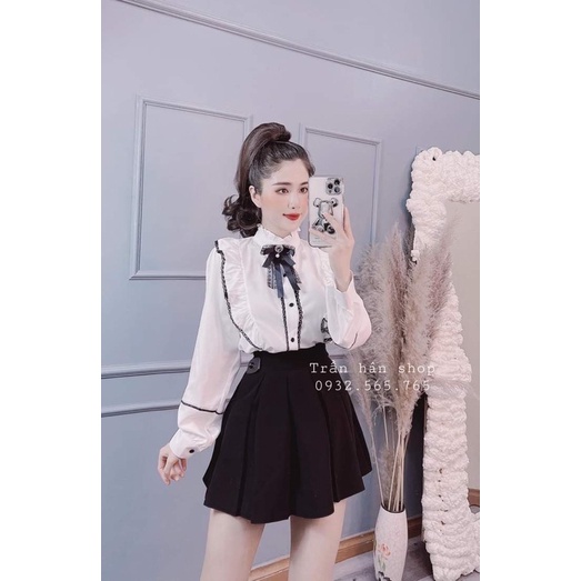 Áo sơ mi viền bèo đen tiểu thư