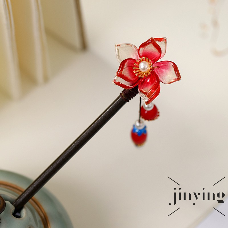 GETNOIVAS Trâm cài tóc hình hoa đính pha lê màu đỏ phong cách dân tộc cho nữ