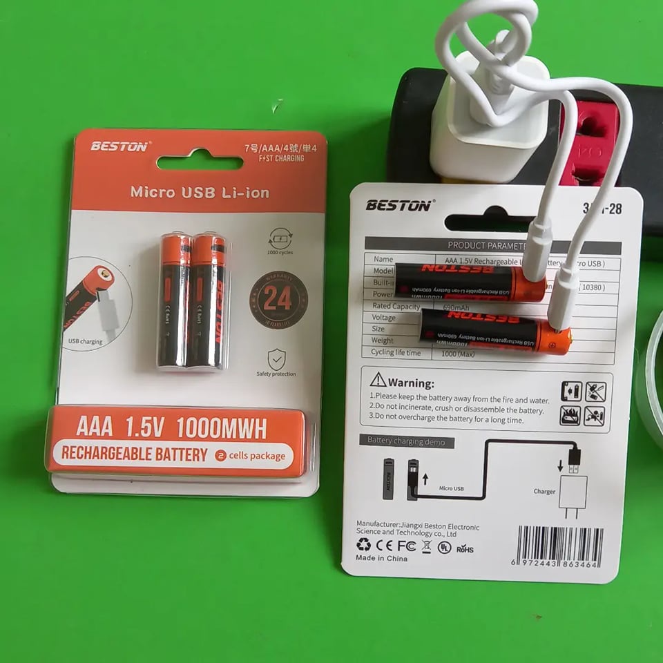 Vỉ 2 Pin đũa sạc AAA Beston 1.5V Dung lượng cao sạc nhanh trực tiếp bằng cổng micro USB | Pin sạc 3A cao cấp