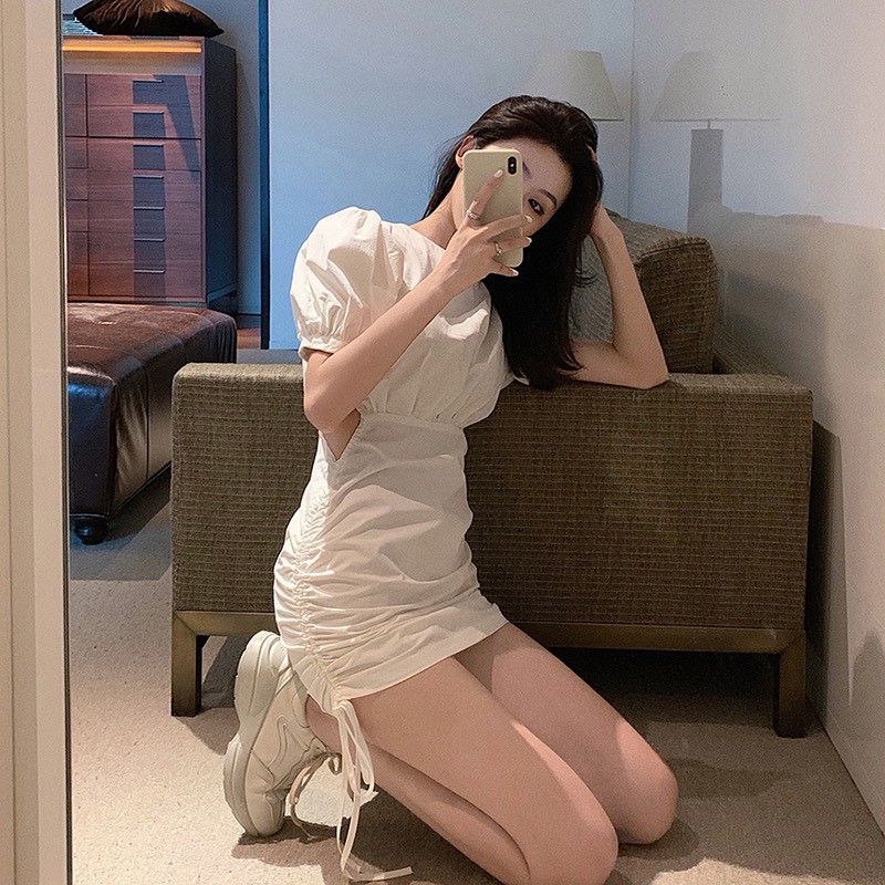 Váy nữ🍉Váy trắng khoét eo có dây rút vô cùng sexy, đầm nữ ôm body thiết kế cách điệu màu trắng eo rút mặc lên dễ thương