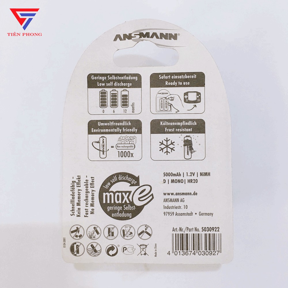 [VỈ 2 VIÊN] Pin sạc Đại D 5000mAh Ansmann chính hãng