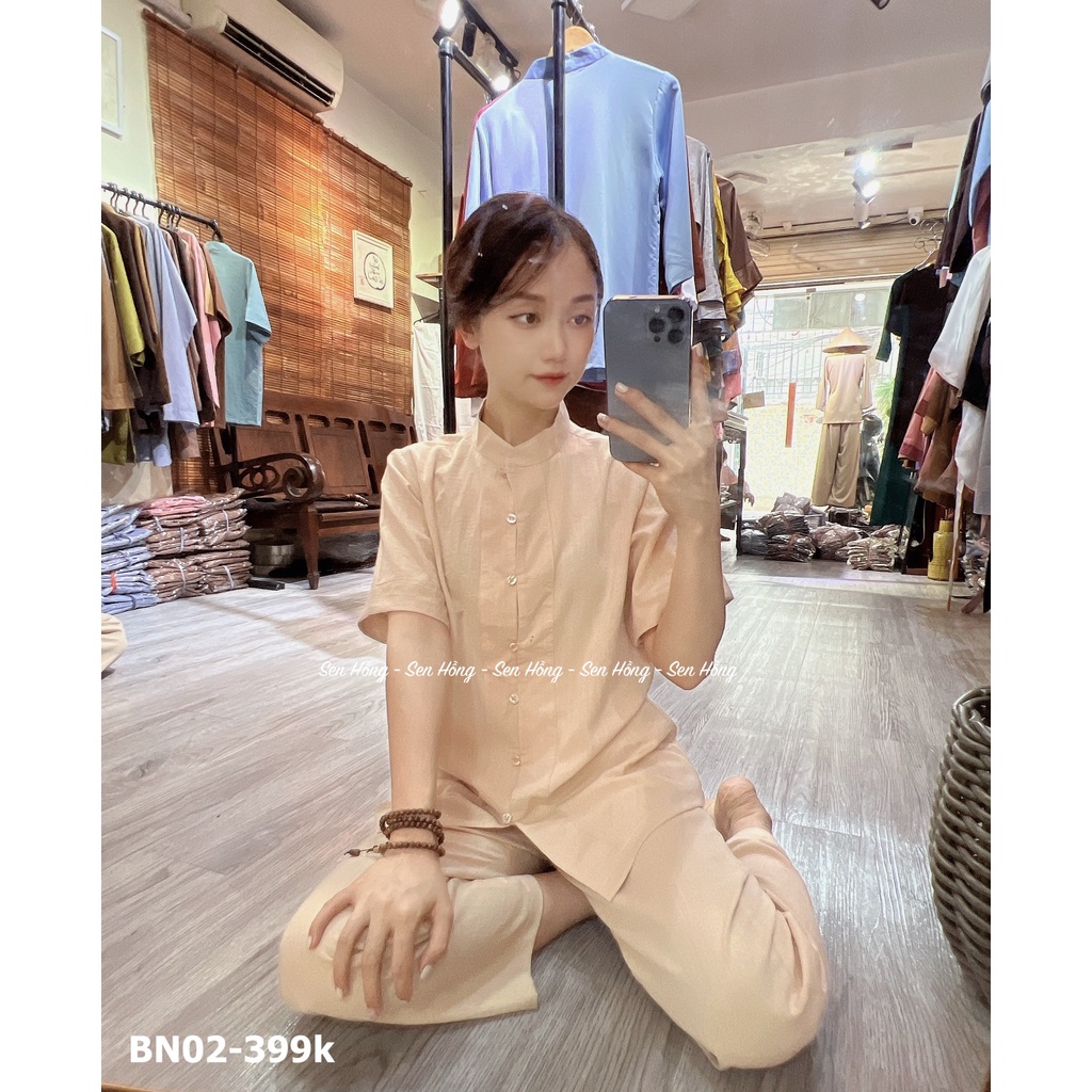 bộ quần áo Phật tử vải đũi Nhật có độ thô nhẹ - cổ tàu cao truyền thống, cúc nhựa dễ cài, áo lam đi chùa nam nữ BN02