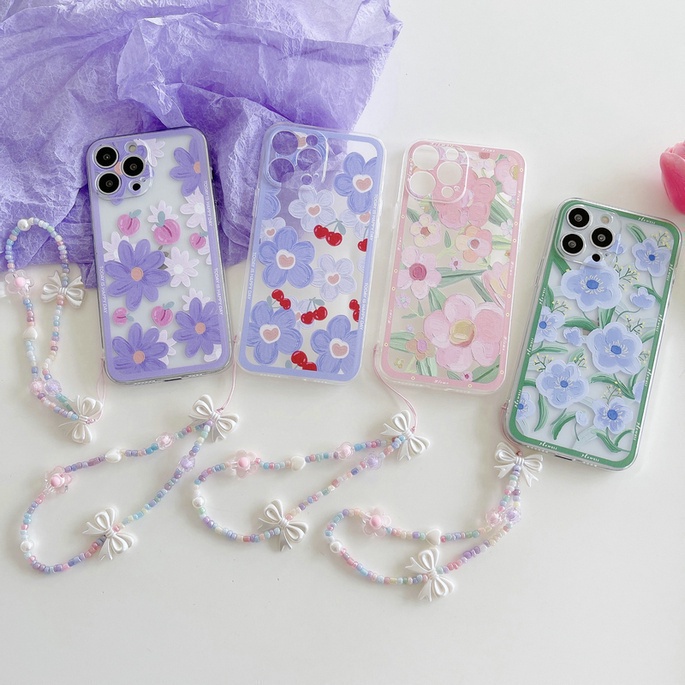 Casing Samsung Galaxy S22 S22+ S21 S21+ FE 4G 5G Plus Ultra Cute Cherry Peach Flowers Clear Soft Case Bow Chain Fine Hole Anti-fall Phone Back Cover CES 12