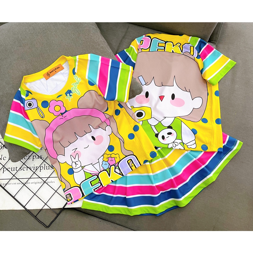 Set Áo Váy bé gái thun lạnh 3D in hoạt hình siêu dễ thương , Váy đâm đẹp cho bé