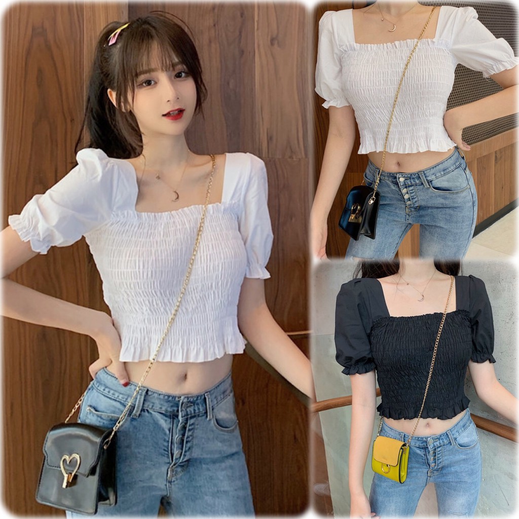 Áo Ulzzang Peplum Maoshop nhún ngực tay phồng Hàn Quốc, Áo peplum trắng bẹt vai tôn dáng cao cấp C40 - Maoshop | BigBuy360 - bigbuy360.vn