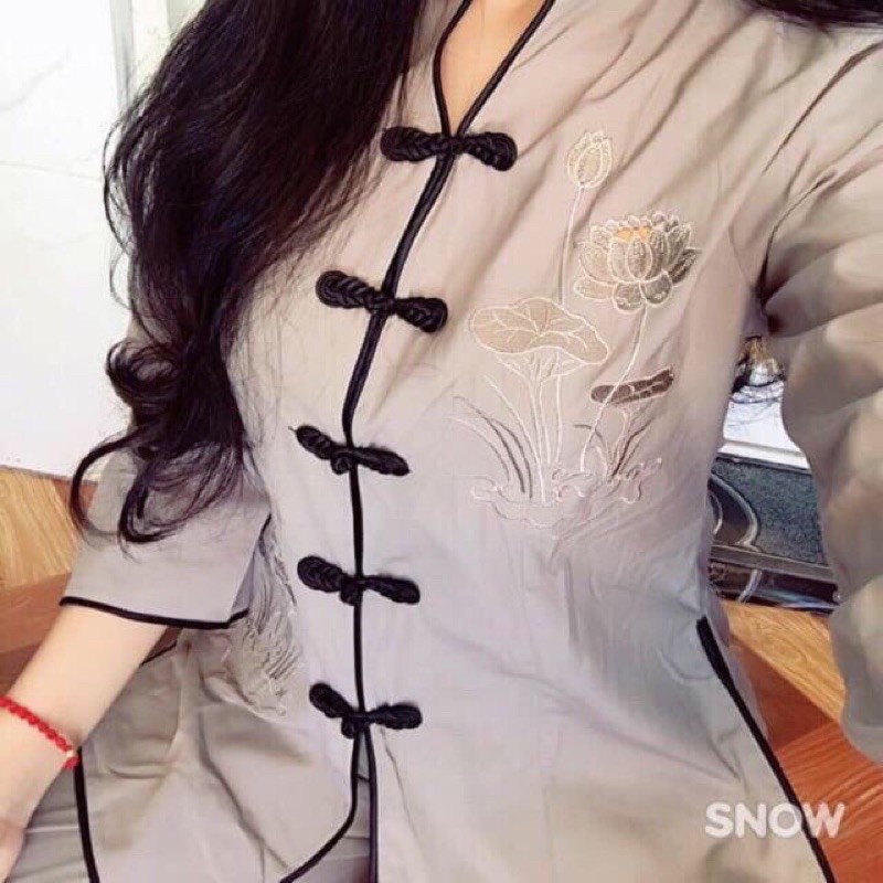 Đồ lam đi chùa( cổ tàu kate thiêu hoa sen