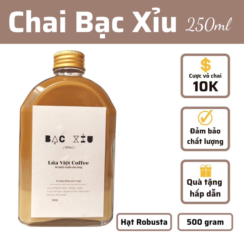 Chai Cà phê Bạc Xỉu 250ml cafe đóng chai thủy tinh dày đẹp sang trọng tinh tế có quai đan dây sản phẩm bảo vệ môi trường