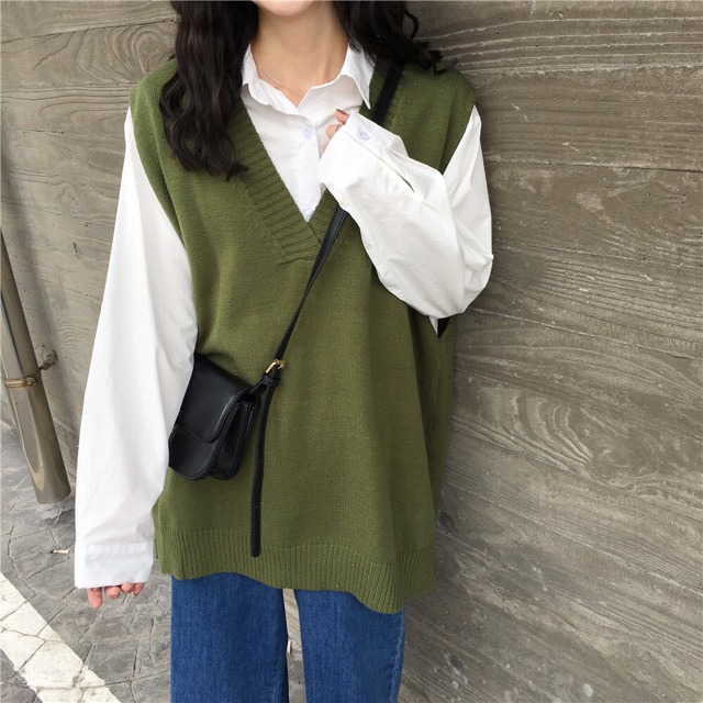 Áo gile len cổ chữ V unisex nam nữ oversize form rộng dáng dài