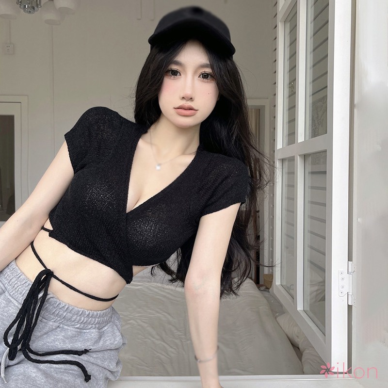Áo Croptop Dệt Kim Tay Ngắn Cổ Chữ V Cột Dây Phong Cách Hàn Quốc Thời Trang Mùa Hè Cho Nữ