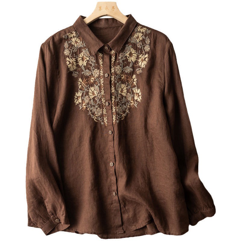 Ice retro embroidered flower linen blouse cotton linen long-sleeved shirt high-end brand cut label