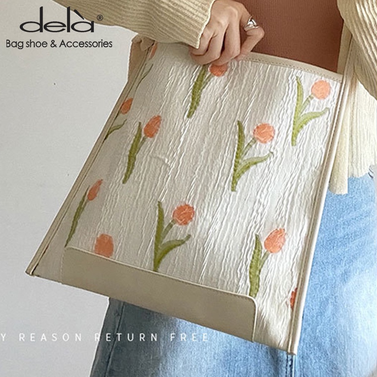Dela Túi Xách Đeo Vai Vải Bạt In Hoa Tulip Đào Trẻ Trung Thời Trang Mới Mẻ Cho Nữ
