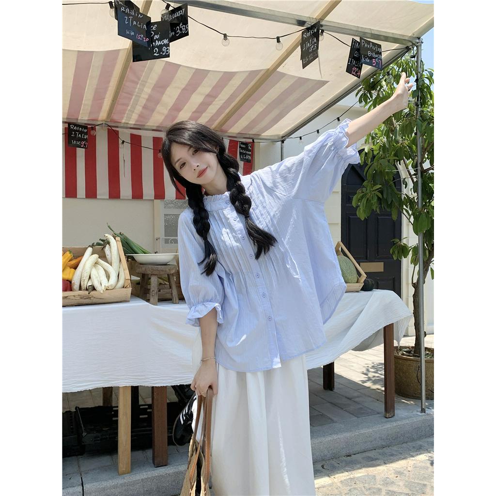 65791 Áo Sơ Mi Rộng Rãi Màu Xanh Dễ Thương / Váy Trắng