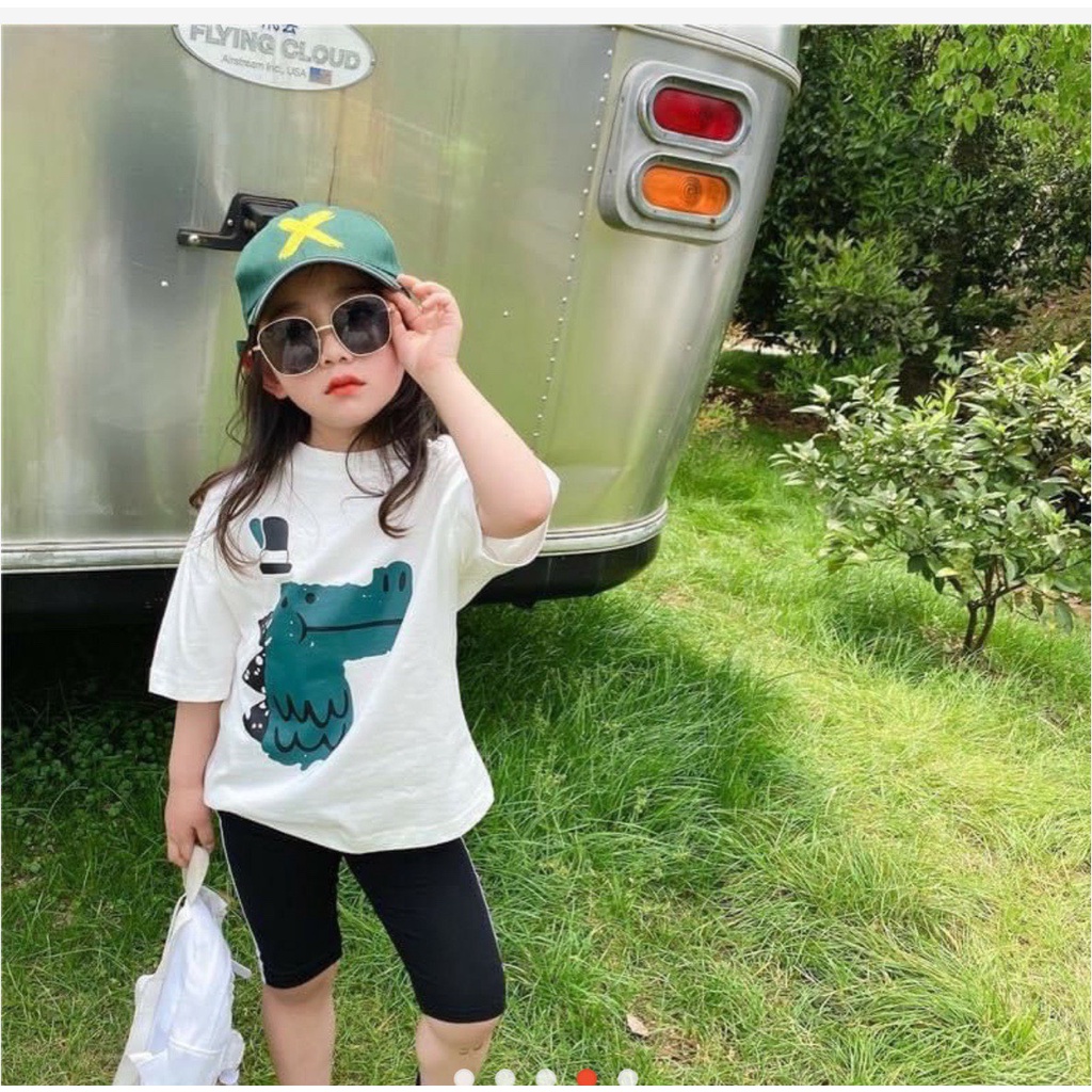 Bộ cộc tay bé gái in hình khủng long ngỗ nghĩnh, Sét áo in hình khủng long xanh Dino kèm quần legging đùi cho bé