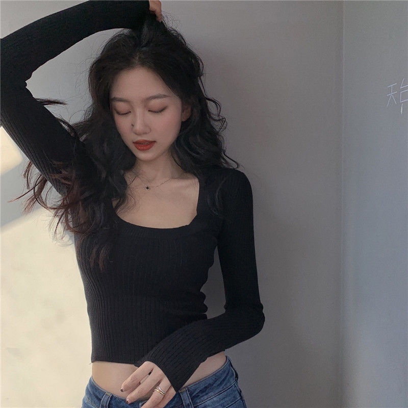 Áo dệt kim tay dài cổ chữ u màu sắc vintage COZOK