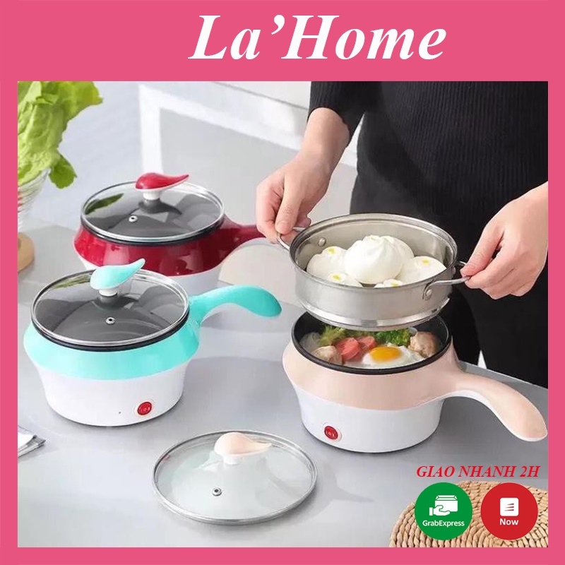 Nồi lẩu mini 2 tầng La'Home kèm giá hấp, nồi nấu mì nồi hấp mini nồi điện mini đa năng 2 tầng chính hãng