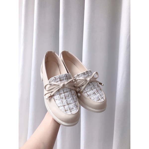 Giày búp bê phối vải dạ cột dây nơ đế 2.5cm G092