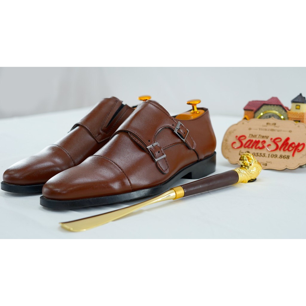 Giày da nam giá rẻ Sans139 công sở mũi vuông màu đen nâu double monk strap men shoes