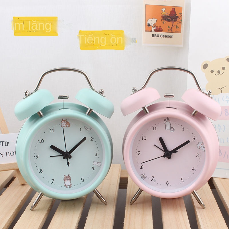 ☫▼♛Đồng hồ báo thức chuông kim loại âm thanh siêu lớn học sinh trung học cơ sở đèn ngủ đồng hồ báo thức cô gái dễ thương