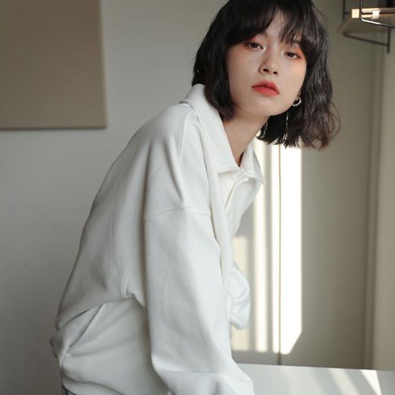 Áo sweater trắng dáng rộng cổ polo thiết kế mới thời trang thu đông 2023 Hàn Quốc cho nữ