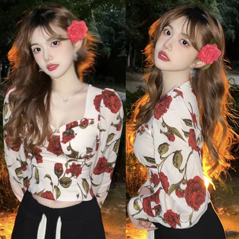 Áo Kiểu Cổ Vuông Ôm Dáng In Họa Tiết Hoa Hồng Phong Cách Hàn Quốc Thời Trang Mùa Xuân Xinh Xắn