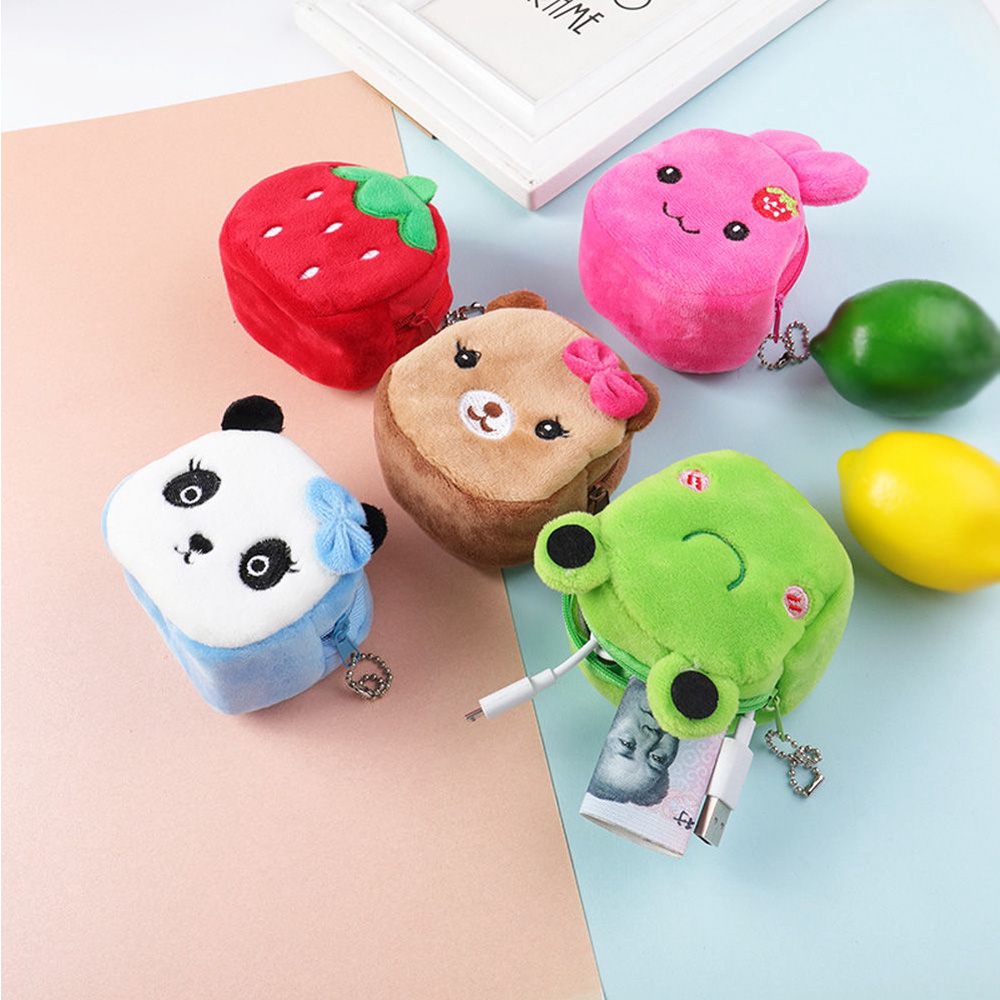 Ví đựng tiền xu/thẻ bằng lông nhung mềm mại có khóa kéo họa tiết trái cây dễ thương cho bé